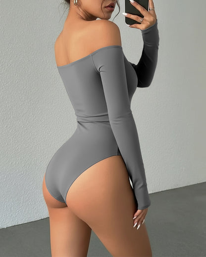Off Shoulder Long Sleeve Slim Fit Versatile Bodysuit with Thumb Hole Cuffs
