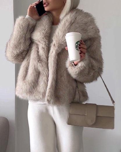 Turn-down Collar Long Sleeve Faux Fur Coat Jacket Casual Warm Fluffy Cropped Coat