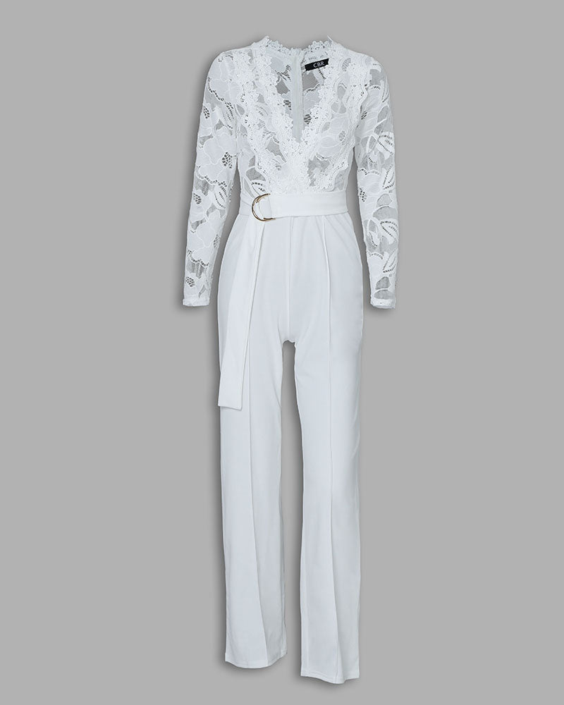 Crochet Lace Trim Deep V-Neck Floral Lace Spliced Ovearalls Casual Zipper Back Seam Front Jumpsuit with Belt