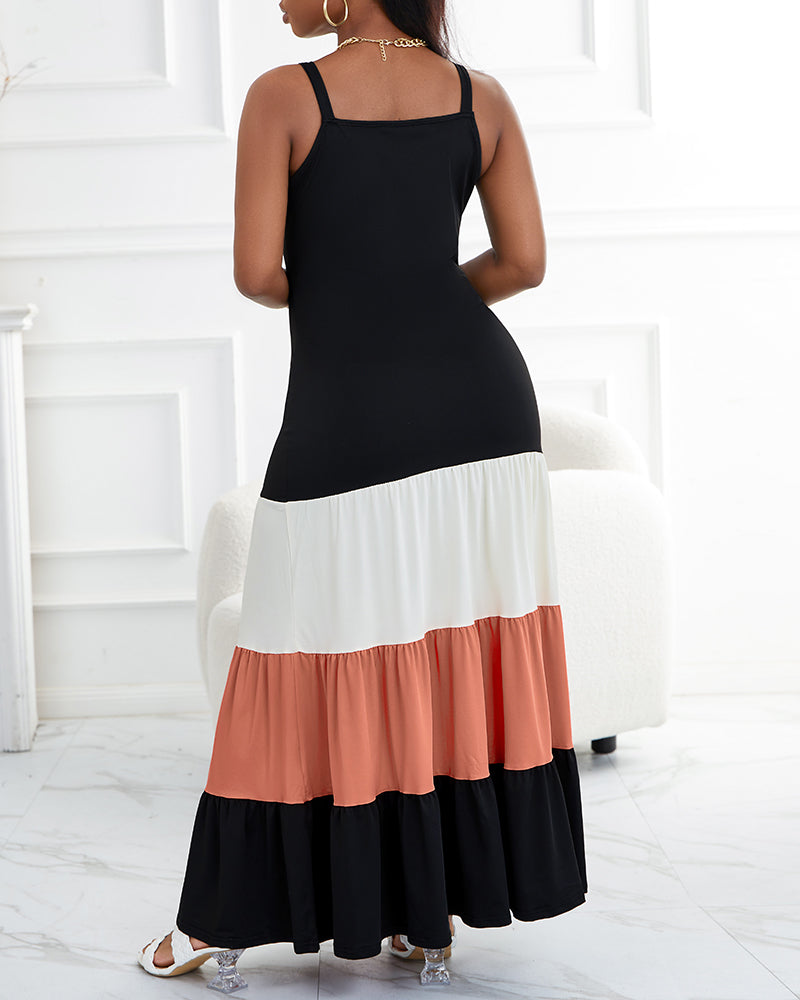 Spaghetti Strap Colorblock Ruched Ruffles Maxi Dress