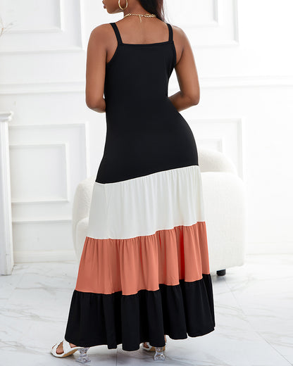 Spaghetti Strap Colorblock Ruched Ruffles Maxi Dress