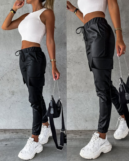 Elastic Waist PU Leather Drawstring Cuffed Pants with Pocket