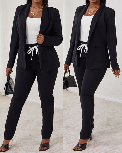 2 Pieces Outfit Shawl Collar Single Breasted Pockets Design Blazer Coat And Drawstring Elastic Waist Slim Fit Pants Set