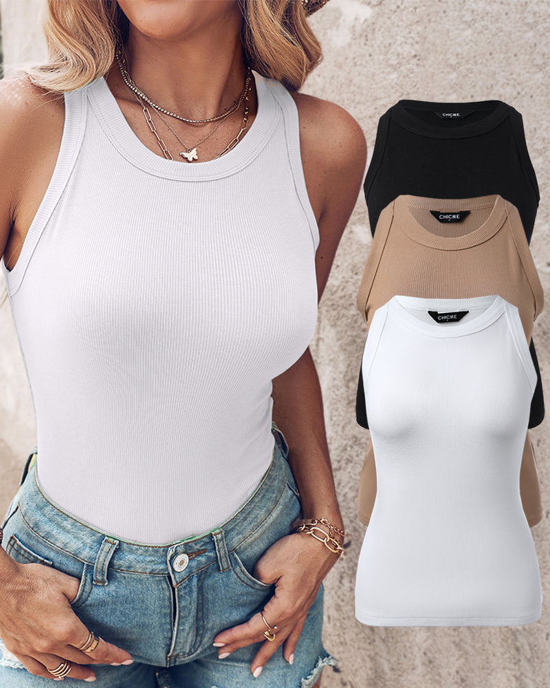 3 Pack Knit Round Neck Thick Strap Racerback Tank Tops(Without Pads)