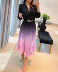 Ombre Deep V Neck Long Sleeve Pleated Mid-length Dress With Chain Decor Belt