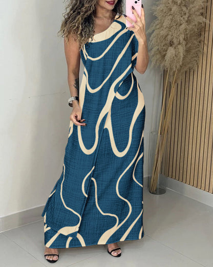 Abstract Print One Shoulder Bodycon Maxi Dress Casual Faux Two Piece Slit Dress