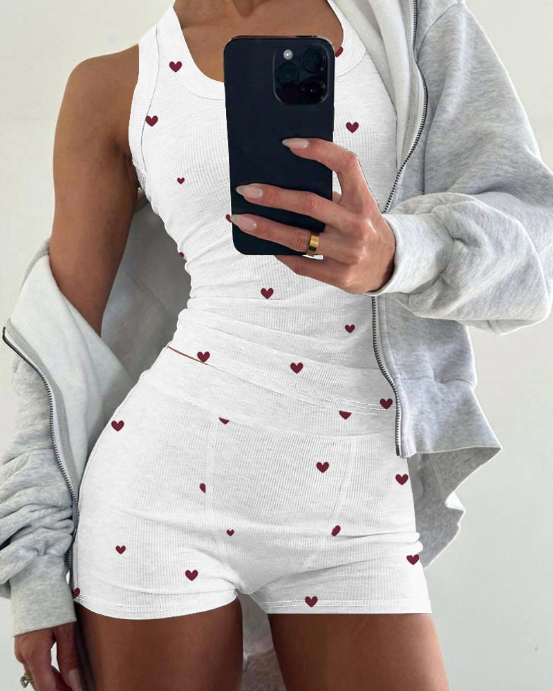 2 Pieces Outfit Heart Print U Neck Sleeveless Tank Top Casual Strechy Waist Shorts Set Slim Fit Ribbed Pajamas Set