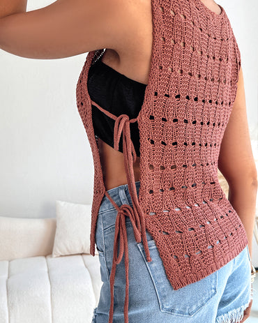 Round Neck Sleeveless Hollow-out Crochet Sweater Casual Tie Side Breathable Crop Top