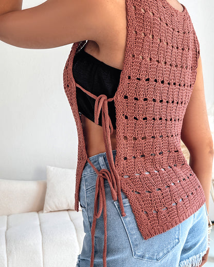 Round Neck Sleeveless Hollow-out Crochet Sweater Casual Tie Side Breathable Crop Top