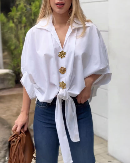 Vintage Palace Style Turn-down Collar Batwing Sleeve Golden Floral Button Front Blouse Casual Knot Front Loose Fit Top