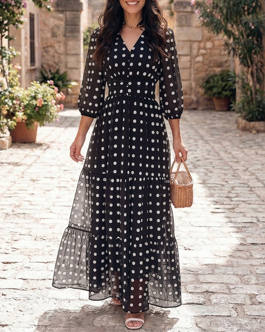 Women's Polka Dot Maxi Dress V Neck Lantern Sleeve Ruffle Hem Dress High Waist Button Up Chiffon Long Party Dress