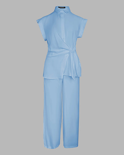 2 Pieces Outfit Turn-down Collar Cap Sleeve Button Front Tied Detail Top and Casual Zipper Fly Elastic Back Waist Wide-Leg Pants Set