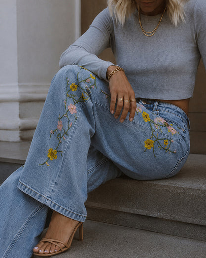 Women's High Waisted Floral Embroidered Wide Leg Jeans Washed Denim Pants
