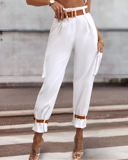 Women's Pockets Design Cargo Pants Casual High Waisted Trousers with Contrast Belt