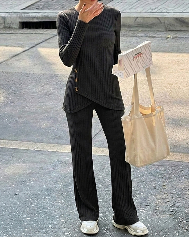 Women's Brushed Ribbed Knit 2 Piece Set Button Long Sleeve Top and Wide Leg Pants with Pockets Casual Loungewear