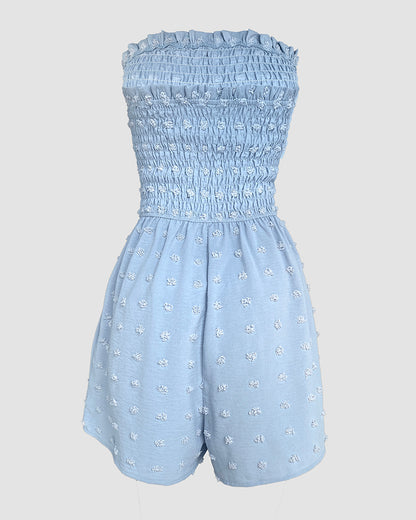 Polka Dot Bandeau Sleeveless Shirred Rompers Casual Button Decor Tied Detail Short Jumpsuit