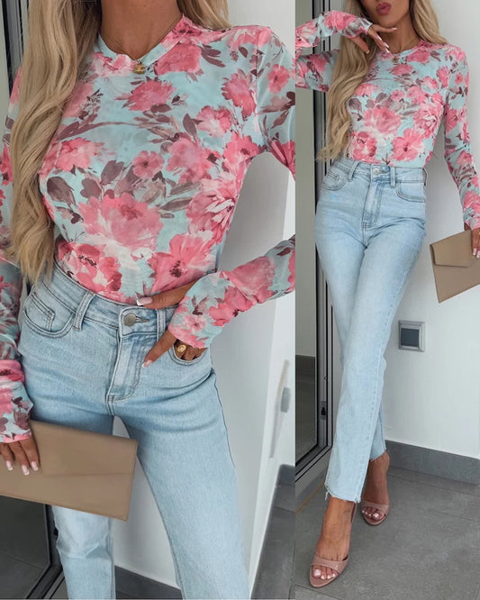 Watercolor Floral Print O-neck Long Sleeve Mesh Tee Slim Fit Semi Sheer Layering Top with Thumb Hole Cuffs