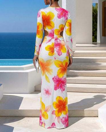 Women's Floral Print Cutout Waist Long Sleeve Bodycon Maxi Dress Sexy Ruched Vacation Dress