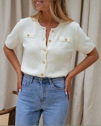 Women's Hollow Out Knit Cardigan Short Sleeve Gold Button Sweater Casual Loose Knitwear Top