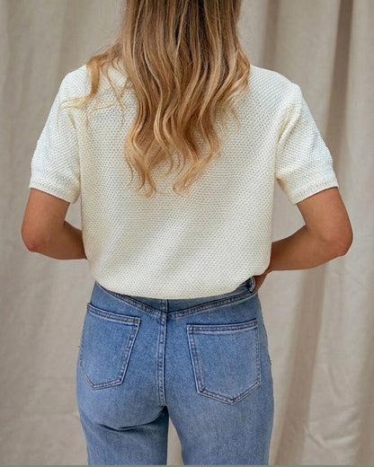 Women's Hollow Out Knit Cardigan Short Sleeve Gold Button Sweater Casual Loose Knitwear Top