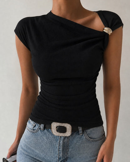 CHICME Women's Skew Neck Ruched Top Asymmetric Neckline Short Sleeve Knit Blouse with Gold Buckle Detail