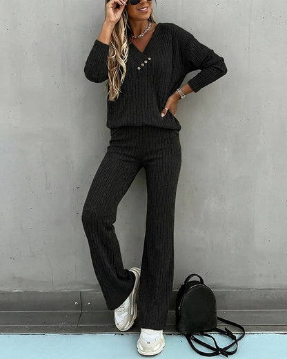 2 Pieces Outfit Button Decor V-Neck Long Sleeve Top and Elastic Waist Straight Leg Pants Set Casual Ribbed Set
