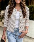 Women's Striped Textured Long Sleeve Crew Neck Gold Button Crop Coat