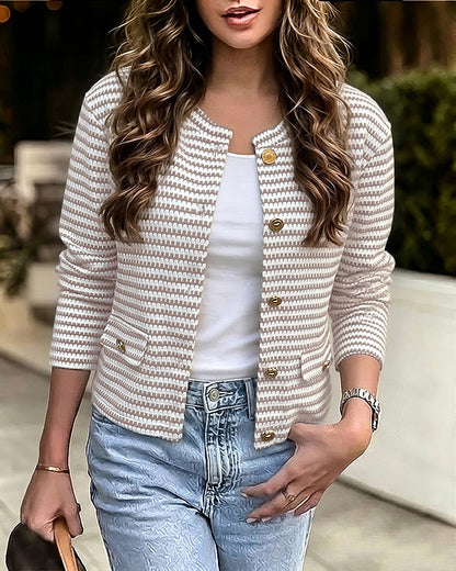 Women's Striped Textured Long Sleeve Crew Neck Gold Button Crop Coat