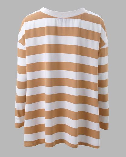 Women's Striped T Shirt Long Sleeve Drop Shoulder Crewneck Tee Side Slit Casual Loose Fit Top