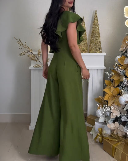 V-Neck Adjustable Spaghetti Straps Backless Overalls Casual Zipper Back Wide Leg Jumpsuit with Convertible Ruffles Tie Panel