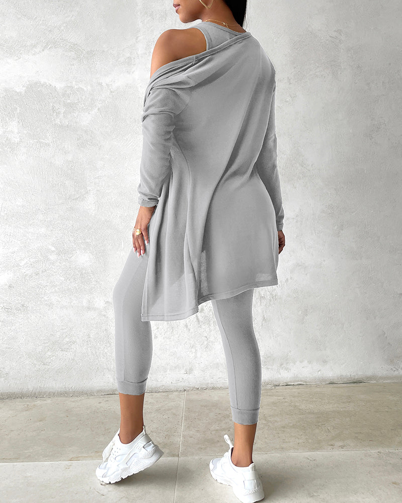 3 Piece Lounge Set Crewneck Sleeveless Tank Top Long Sleeve Open Front Coat Pants Sweatsuit