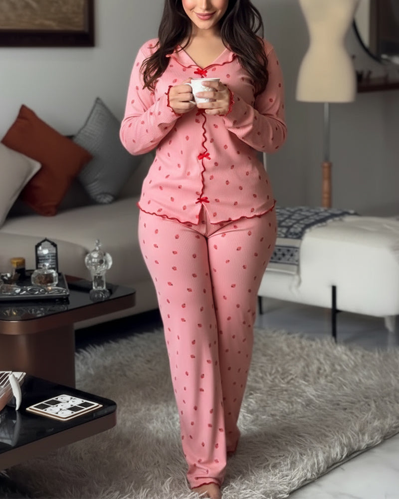 2 Pieces Outfit Bowknot Decor Turn-down Collar V-Neck Top and Elastic Waist Slit Hem Pants Set Casual Strawberry Print Frill Trim Ribbed Pajamas Set