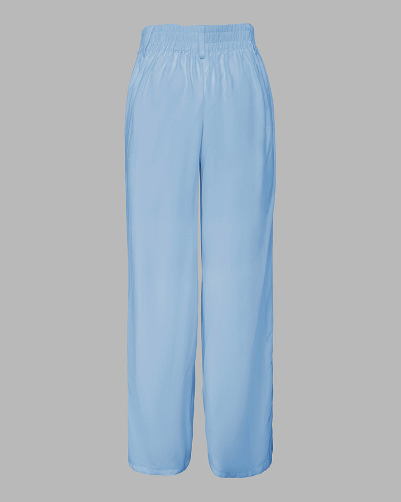 2 Pieces Outfit Turn-down Collar Cap Sleeve Button Front Tied Detail Top and Casual Zipper Fly Elastic Back Waist Wide-Leg Pants Set