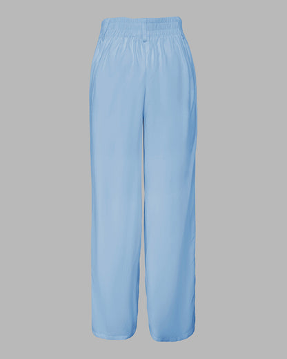 2 Pieces Outfit Turn-down Collar Cap Sleeve Button Front Tied Detail Top and Casual Zipper Fly Elastic Back Waist Wide-Leg Pants Set