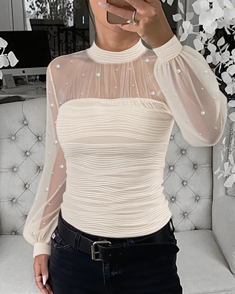 Pearls Decor High Neck Sheer Mesh Spliced Ruched Tee Hollow-out Back Slim Fit Textured Top