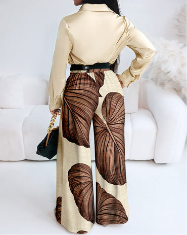 2 Pieces Outfit Turn-down Collar Long Sleeve Button Front Satin Shirt and Vintage Leaves Print Elastic Back Waist Wide Leg Pants Set