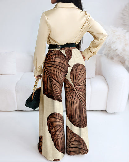 2 Pieces Outfit Turn-down Collar Long Sleeve Button Front Satin Shirt and Vintage Leaves Print Elastic Back Waist Wide Leg Pants Set