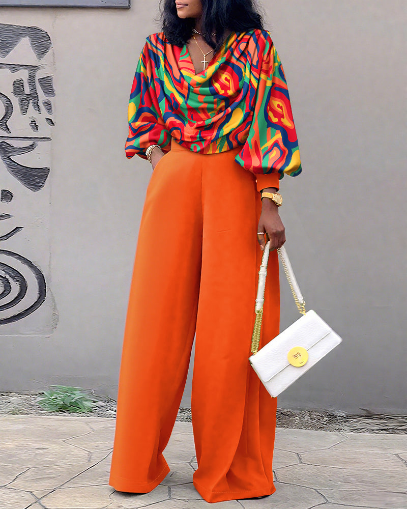 2 Pieces Outfit All Over Print Cowl Neck Lantern Sleeve Stretchy Hem Loose Crop Top Casual Elastic Back Waist Wide Leg Pants Set