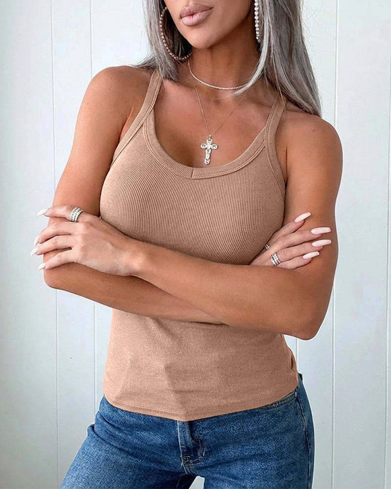 U-Neck Spaghetti Straps Ribbed Top Slim Fit Versatile Racerback Cami Top