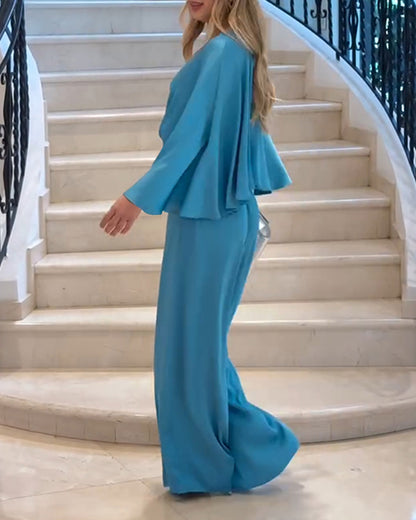 Plunge V Neck Ruched Batwing Sleeve Jumpsuit Casual Wide Leg Romper