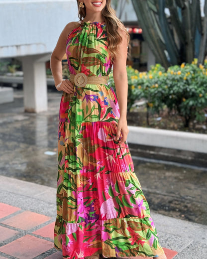Tropical Print Halter Ruched Sleeveless Maxi Dress Casual A Line Flowy Smock Dress