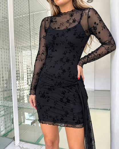 Women's 2 Piece Outfit Sheer Mesh Flocked Floral Mock Neck Tied Detail Draped Mini Dress with Camisole Slip Dress