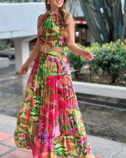 Tropical Print Halter Ruched Sleeveless Maxi Dress Casual A Line Flowy Smock Dress