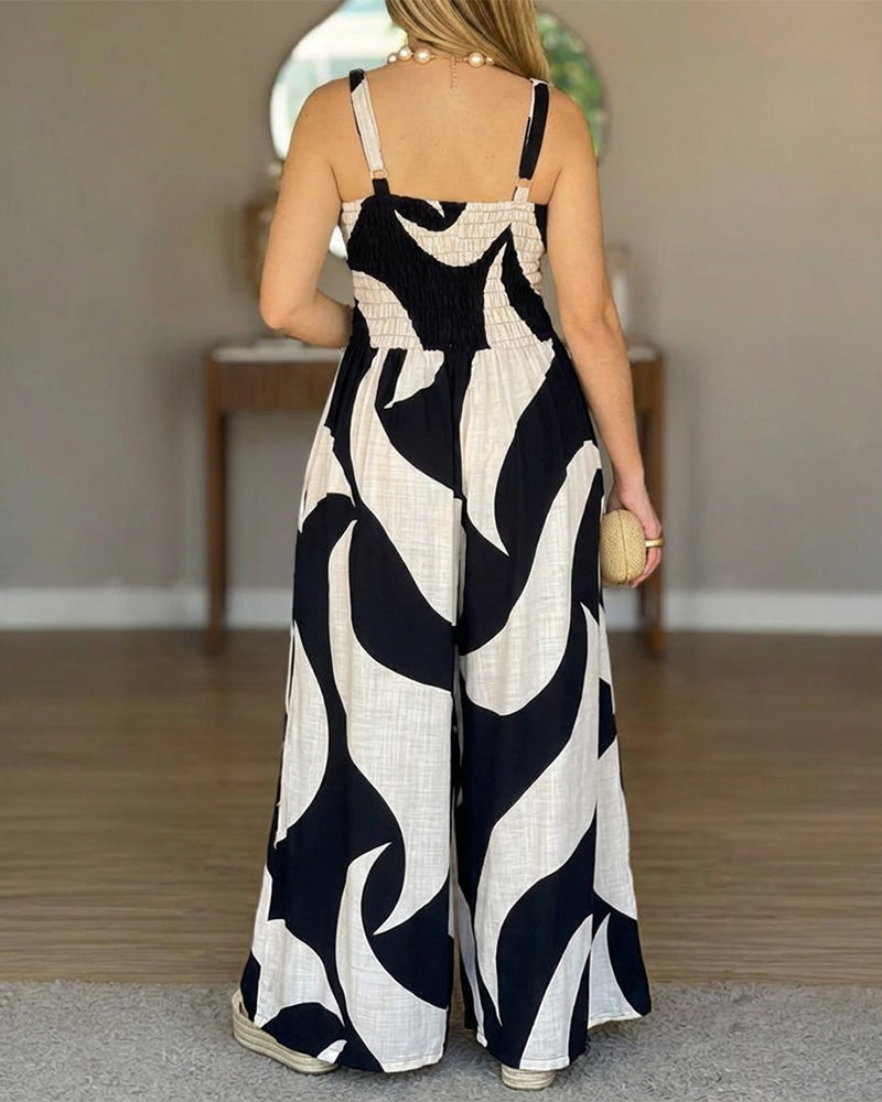 Colorblock Abstract Print Square Neck Adjustable Straps Shirred Back Overalls Casual Cinched Waist Wide Leg Cami Jumpsuit