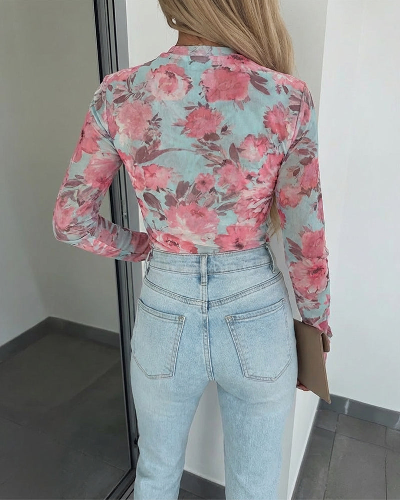 Watercolor Floral Print O-neck Long Sleeve Mesh Tee Slim Fit Semi Sheer Layering Top with Thumb Hole Cuffs