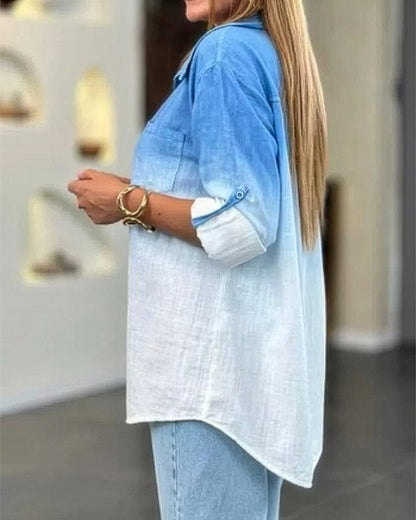 Ombre Turn-down Collar Roll Up Sleeve Half Button Front Shirt Casual Pocket Design Loose Fit Top