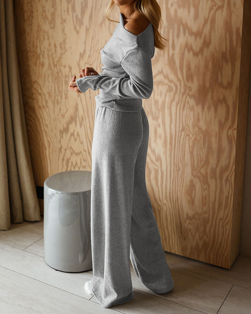 CHICME Women's 2-Piece Knit Set Skew Neck Long Sleeve Slim Fit Top and High-Waist Wide-Leg Pants Casual Soft Ribbed Lounge Set