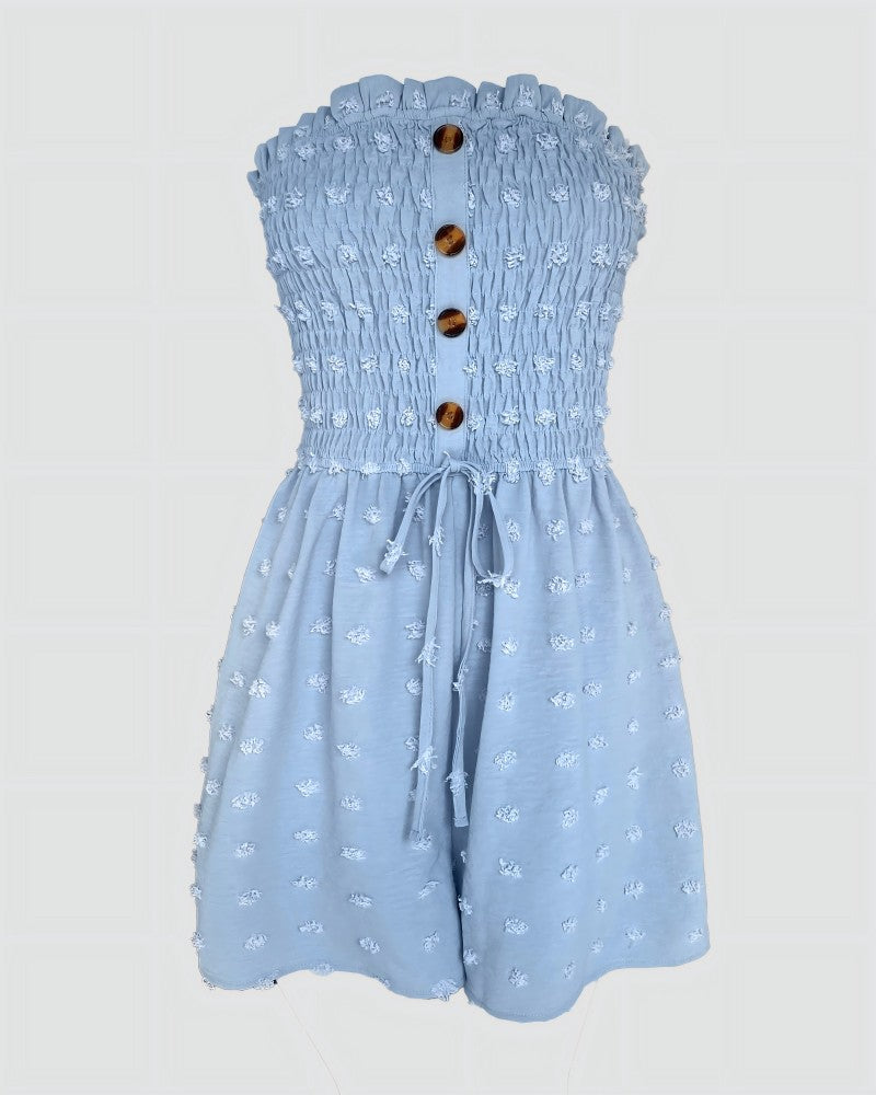 Polka Dot Bandeau Sleeveless Shirred Rompers Casual Button Decor Tied Detail Short Jumpsuit