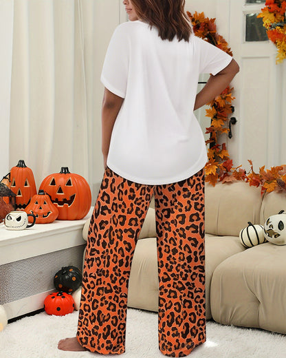 2 Pieces Outfit Pumpkin & Bowknot Print Short Sleeve Top and Leopard Print Elastic Waist Pants Set Casual Pajamas Set