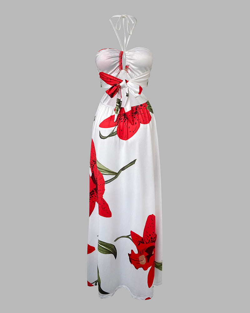 Floral Print Halter Sleeveless Hollow-out Front Cami Dress Casual Cutout Waist Maxi Dress